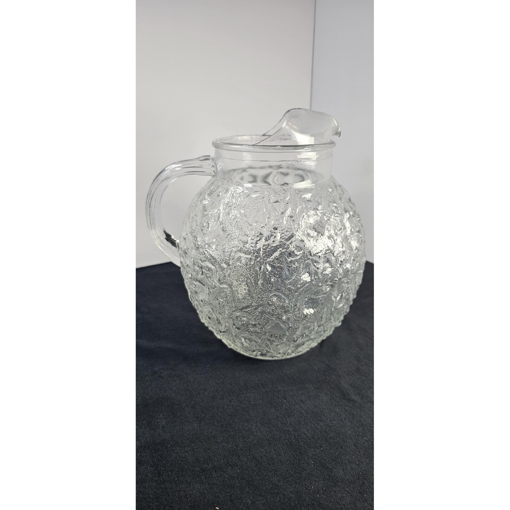 Anchor Hocking Lido Milano Pitcher Vintage Crinkle Ice Glass Clear‎ Handle Spout